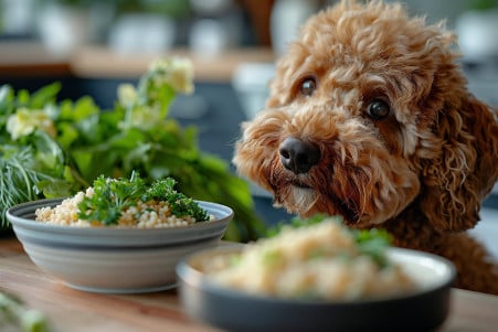 Curious Labradoodle sniffing at a bowl of cooked couscous on a kitchen counter with fresh herbs and vegetables