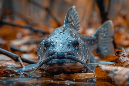 Medium-sized, grey blue catfish with spotted fins resting on a damp cloth, with a curious expression as it begins to dry out