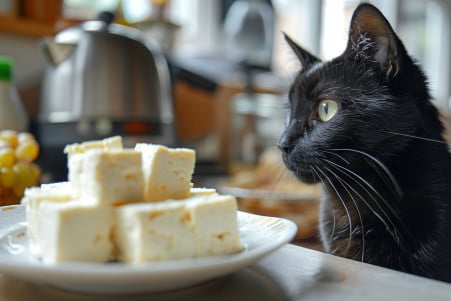 Sleek black Bombay cat suspiciously looking at a plate of cubed tofu