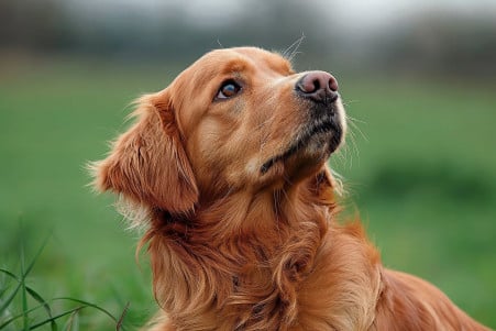 Golden retriever sitting in a grassy field, tilting its head upwards with a curious expression