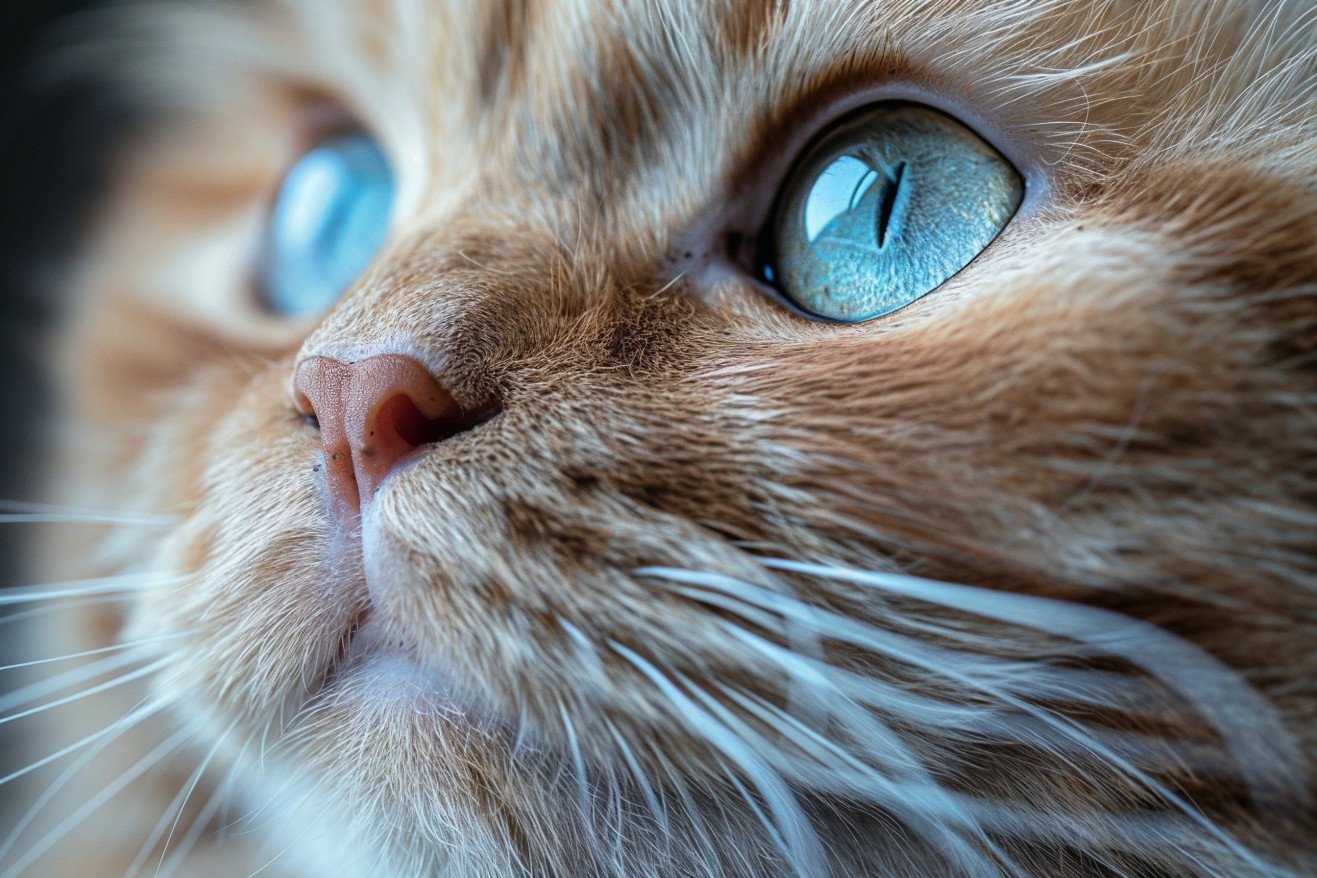 Closeup of a Persian cat's face, showcasing its beautiful, long whiskers
