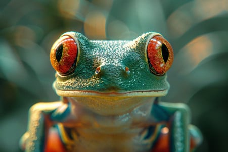 Close-up portrait of a small, brightly colored red-eyed tree frog looking directly at the camera with a quizzical expression