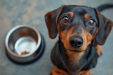 Relaxed Dachshund sitting and looking up with an empty food bowl in the background, post-meal contentment