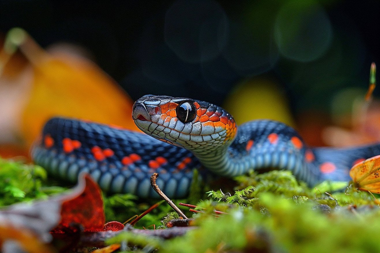 Slender ringneck snake with distinctive orange-red ring around its neck, coiled and poised to strike in a natural wooded environment