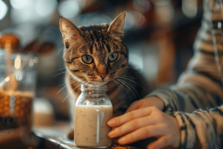 Tabby cat sniffing a bottle of ranch dressing on a kitchen counter, with the owner reaching to move the bottle out of the cat's reach
