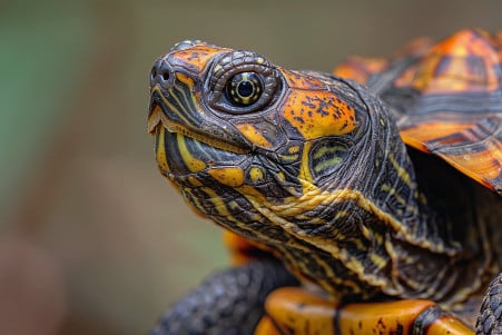 Close-up profile view of a box turtle, highlighting its small, slit-like ear opening