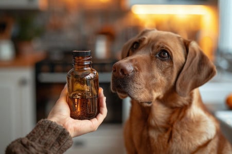 Dog owner holding a bottle of vanilla extract away from a curious Labrador Retriever in a kitchen setting