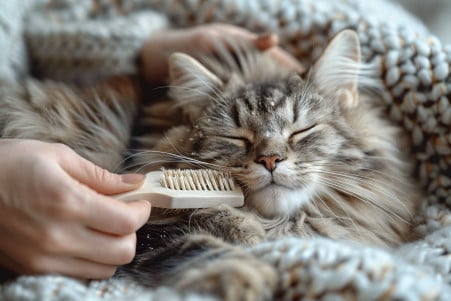 Siberian cat with a thick, soft gray coat being brushed by its owner, with visible dandruff flakes