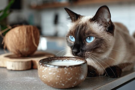 Siamese cat with bright blue eyes sniffing at a bowl of coconut milk on a kitchen counter
