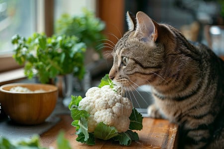 Tabby cat sitting upright on a kitchen counter, sniffing a small floret of cauliflower