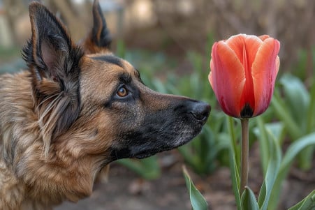 A Dutch Shepherd dog sniffing a vibrant red tulip, with the flower in sharp focus and the background slightly blurred