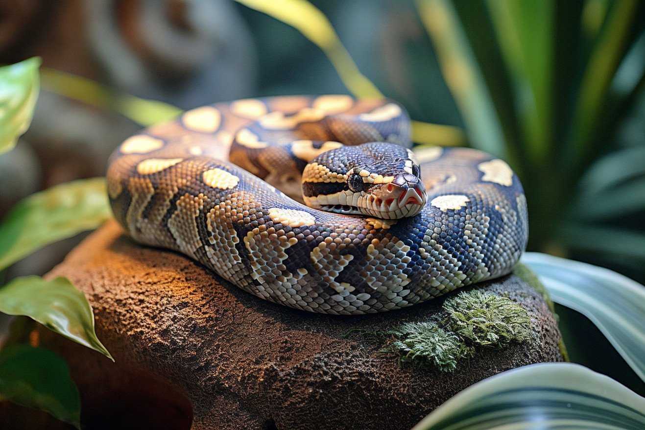 Content ball python curled up on a rock under a heat lamp in a terrarium with plants