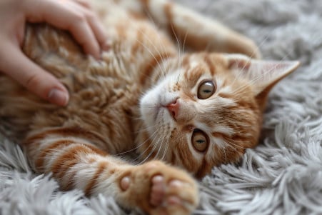 Orange tabby cat happily rolling on its back on a fluffy rug, being petted by a person's hand