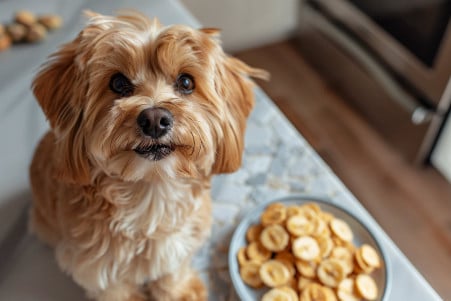 Cheerful Shih Tzu dog sitting next to a small pile of banana chips on a kitchen counter