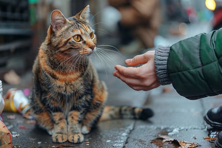 A kind-looking person gently approaching a wary-looking calico cat on a sidewalk surrounded by discarded items