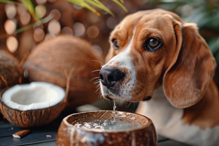 Curious Beagle sniffing a bowl of coconut water with a coconut visible beside it