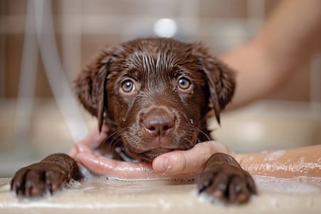 Chocolate brown Labrador retriever puppy sitting calmly in a shallow bath, supported by the owner's hands