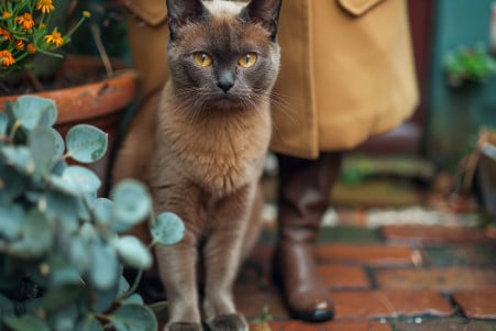 A brown Burmese cat with gold eyes gently bumping its head against its owner's legs on a patio