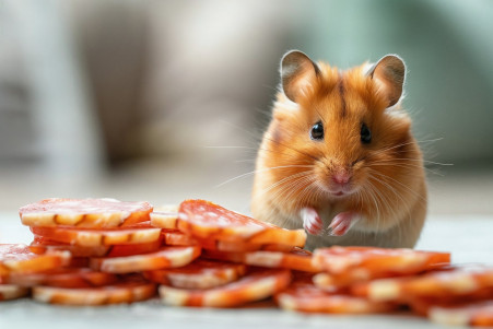 Portrait of a worried-looking dwarf Campbell's hamster sitting next to a pile of salami slices, turned away from the meat