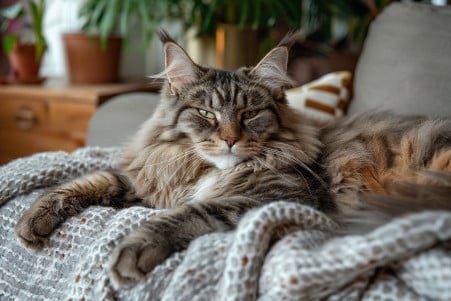 A large, fluffy grey and white Maine Coon cat lying on a soft grey blanket, contentedly kneading and sucking on the fabric with a peaceful expression