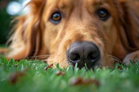 Close-up of a golden retriever sniffing at a trail of black ants on a lush green lawn