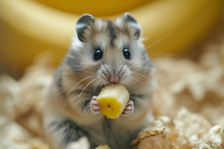 Adorable hamster nibbling on a piece of banana inside a well-lit cage