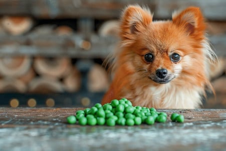 Fluffy Pomeranian dog sitting next to a pile of spilled green peas on a hardwood floor