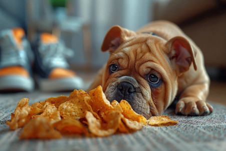 Bulldog puppy sniffing at a pile of scattered potato chips on the floor
