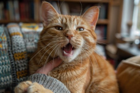 Orange tabby cat sitting on owner's lap, gently biting their hand while purring