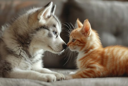 A Siberian Husky puppy cautiously sniffing a small orange tabby cat sitting back on its haunches and eyeing the dog warily, in a cozy living room setting
