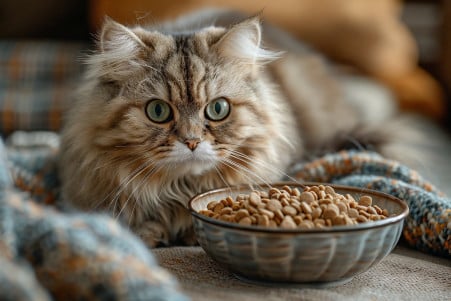 A fluffy Persian cat with large eyes staring at a bowl of dry cat food, appearing hesitant to approach it