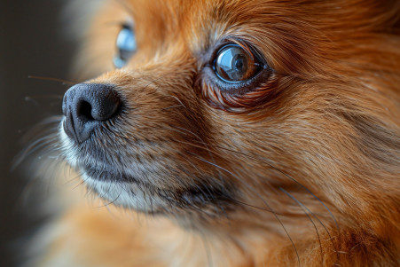 Close-up portrait of a fluffy pomeranian dog with alert, expressive eyes and feathery eyelashes