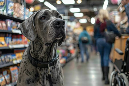 A large Great Dane service dog guiding its wheelchair-using owner through the aisles of a Michaels craft store