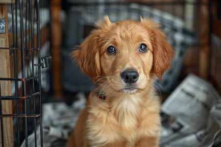Close-up of a distressed Golden Retriever puppy being scolded by its owner for an accident in its crate