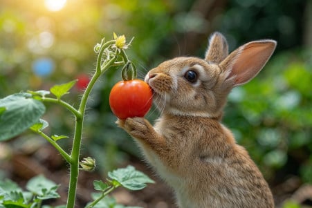 Rabbit cautiously sniffing a cherry tomato in a garden setting