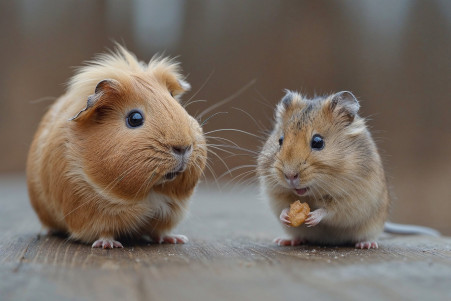 Curious guinea pig observing a hamster stuffing its cheeks with food on a wooden surface