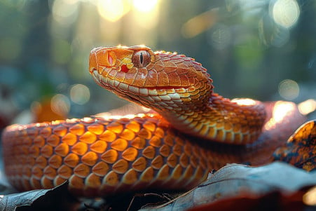 Copperhead snake slithering across a sun-dappled forest floor, its copper-colored scales gleaming