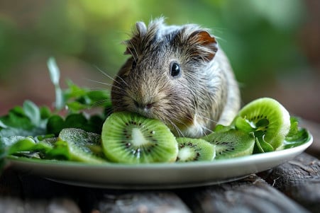 Abyssinian guinea pig sniffing a slice of fresh kiwi fruit on a plate, surrounded by leafy greens and timothy hay