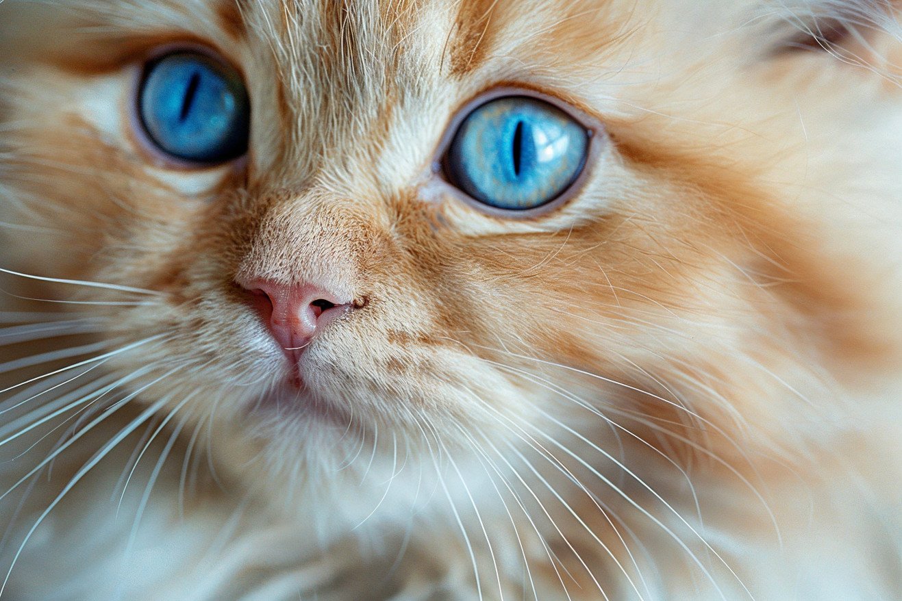Close-up portrait of a pale orange Persian kitten with vibrant blue eyes