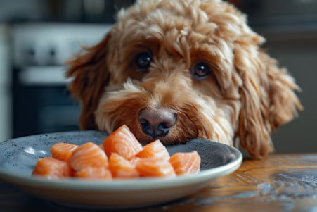 Close-up portrait of a Labradoodle with a shaggy, curly coat staring intently at a bowl of bite-sized pieces of baked salmon