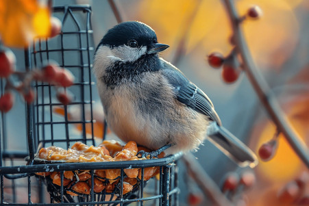 Songbird perched on the edge of a birdfeeder filled with peanut butter