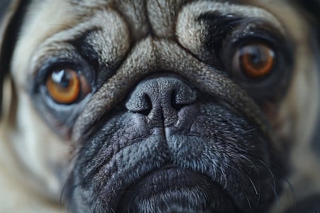 Close-up portrait of a Pug with a wrinkled face, gazing intently at the camera with partially closed eyes