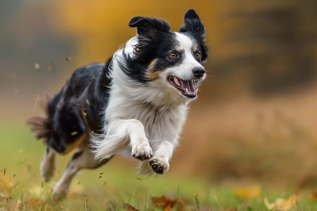Border collie running at full speed through a grassy field, with its body blurred to convey motion