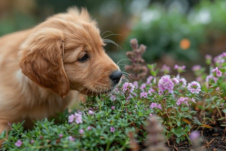 A Golden Retriever puppy sniffing at a patch of creeping thyme in a garden