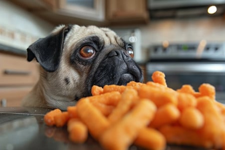 Mischievous Pug sniffing a bag of Cheetos on a kitchen counter