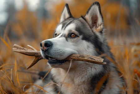 Muscular Alaskan Malamute dog happily chewing on a brown, naturally shed deer antler in a grassy outdoor setting