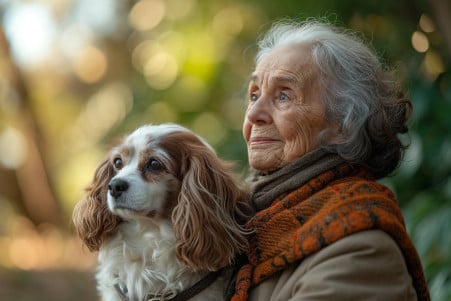 Elderly woman taking a walk in a park with her Cavalier King Charles Spaniel on a sunny day, both looking content