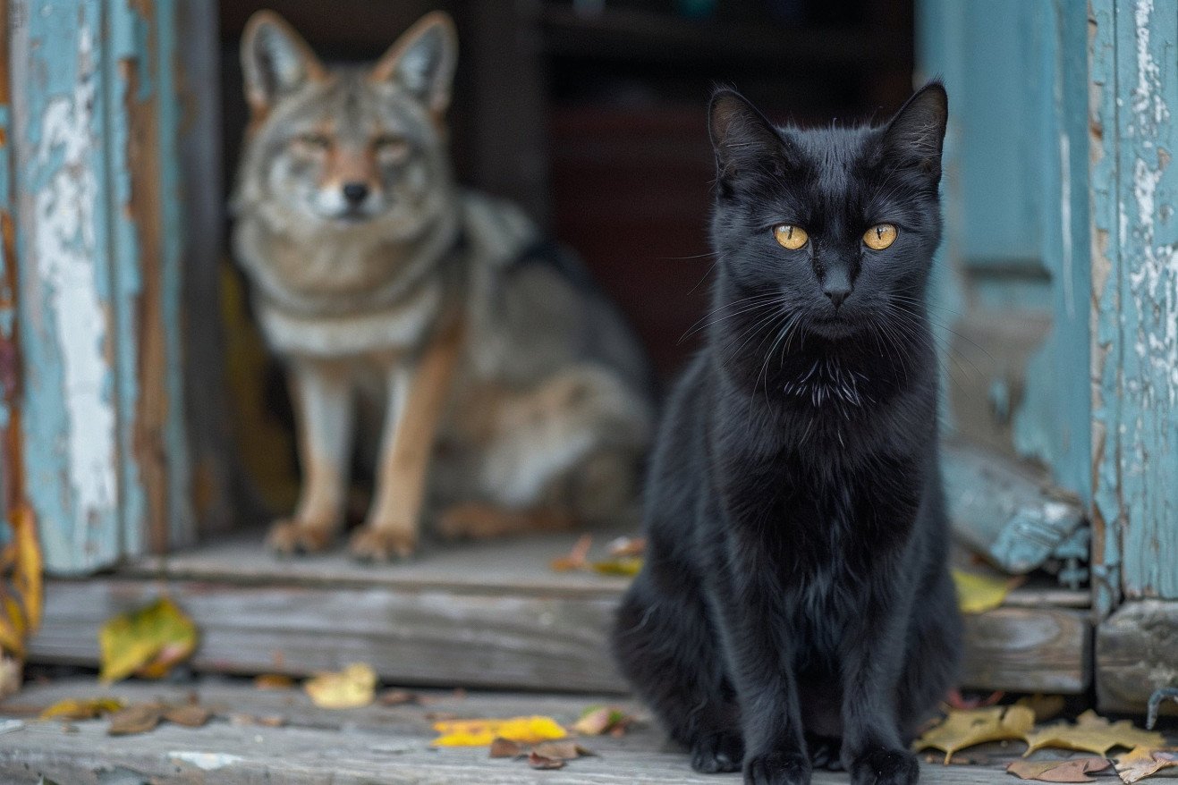 A black cat with bright yellow eyes sitting calmly on a porch, unfazed by a coyote lurking in the background