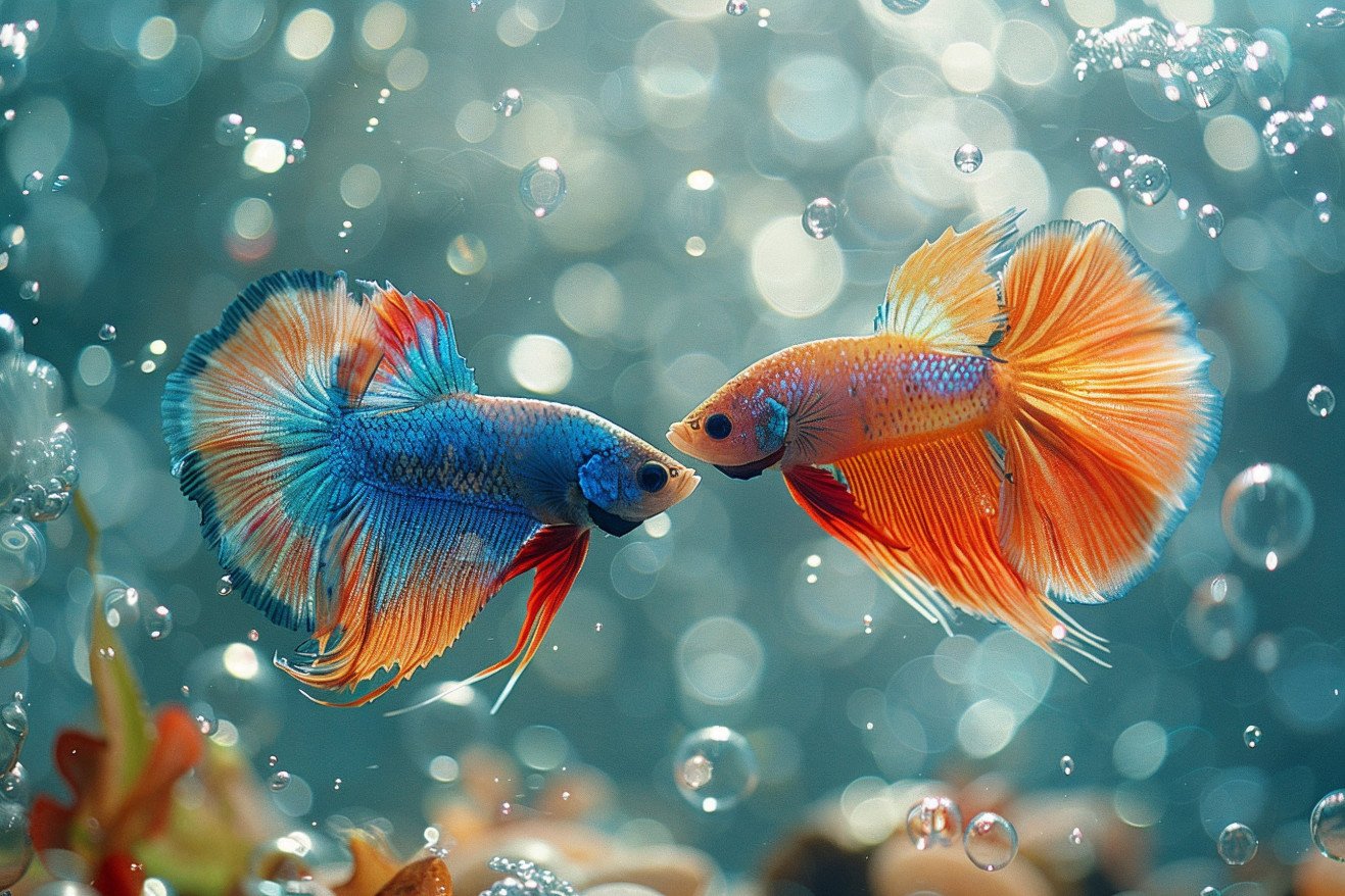 Male betta fish in full courtship display, with extended fins, facing a female in a tank filled with bubble nests