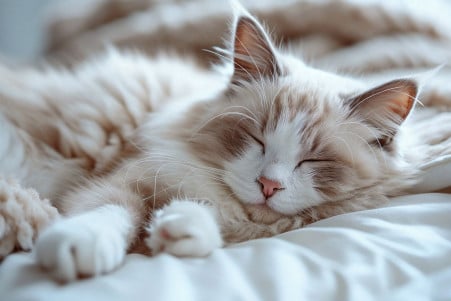 Fluffy Ragdoll cat curled up asleep on a plush white pillow